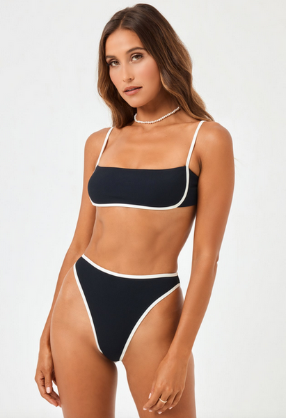 Ribbed Nora Bikini Bottom - Black/Cream