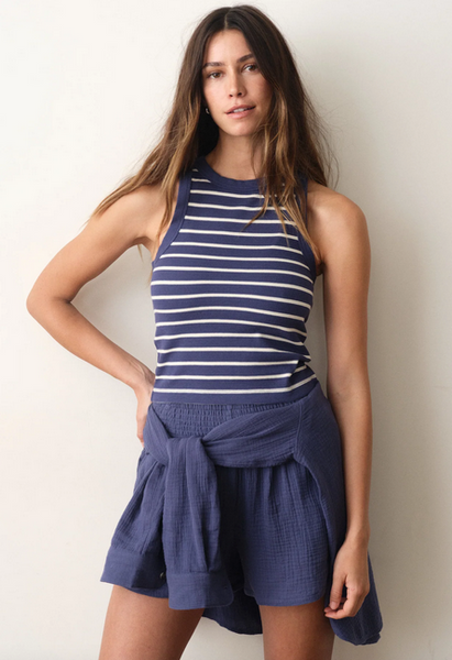 Lexi Rib Sun-In High Neck Crop Tank - Bay Blue & White Stripe