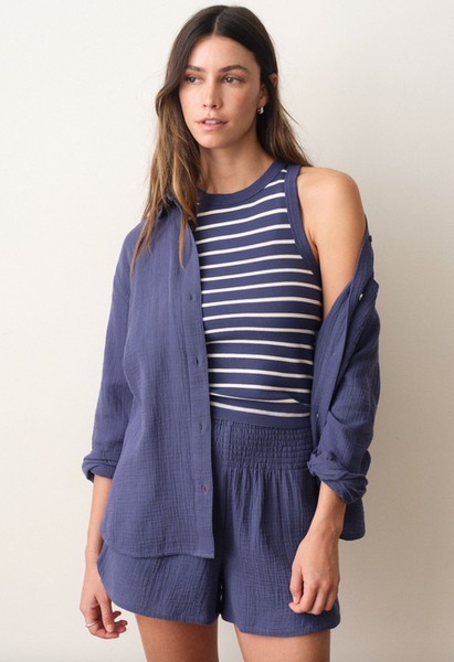 Lexi Rib Sun-In High Neck Crop Tank - Bay Blue & White Stripe