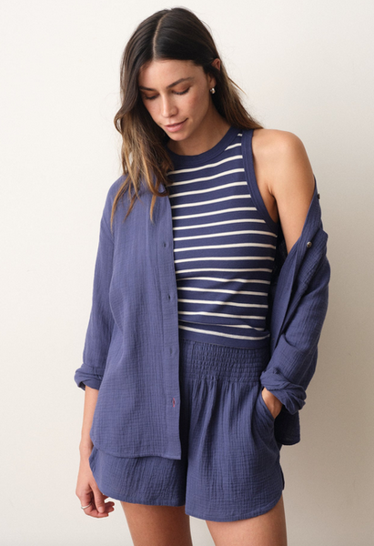 Lexi Rib Sun-In High Neck Crop Tank - Bay Blue & White Stripe