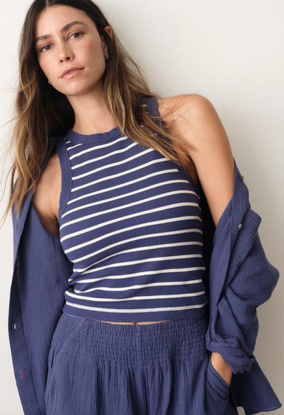 Lexi Rib Sun-In High Neck Crop Tank - Bay Blue & White Stripe