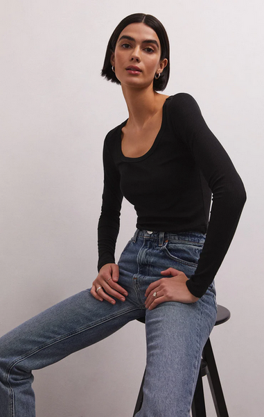 Shania Rib Long Sleeve Top - Black