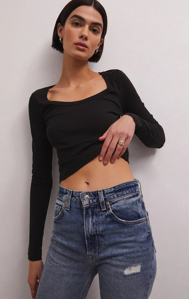 Shania Rib Long Sleeve Top - Black