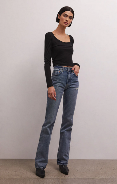 Shania Rib Long Sleeve Top - Black