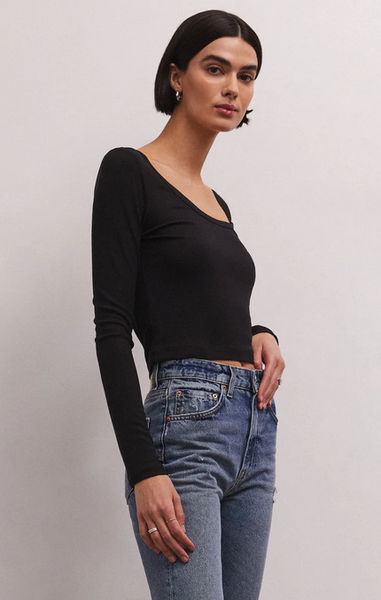 Shania Rib Long Sleeve Top - Black