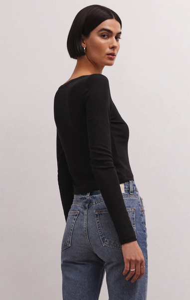 Shania Rib Long Sleeve Top - Black