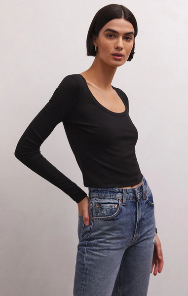 Shania Rib Long Sleeve Top - Black