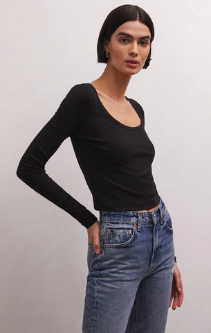 Shania Rib Long Sleeve Top - Black