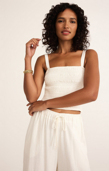 Amelie Smocked Linen Crop Top - White