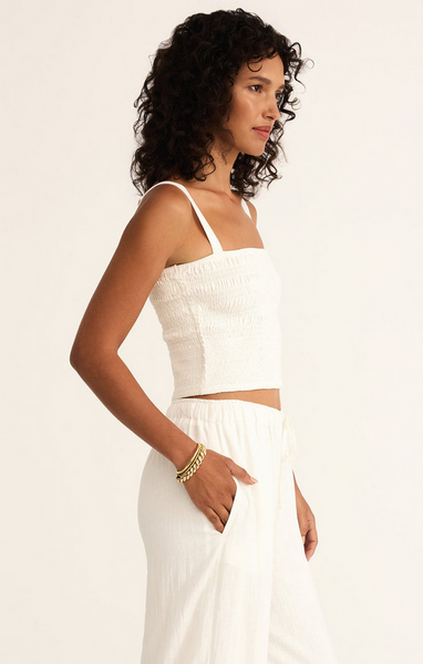 Amelie Smocked Linen Crop Top - White