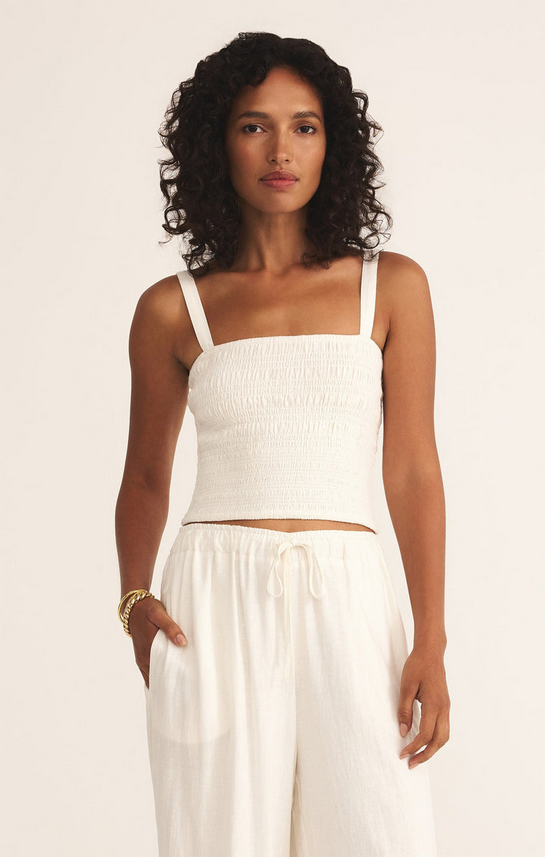 Amelie Smocked Linen Crop Top - White