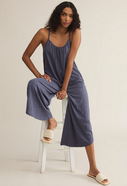 Textured Flared Jumpsuit - Worn Blue
