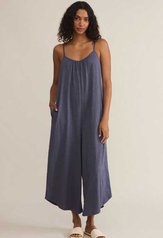 Textured Flared Jumpsuit - Worn Blue
