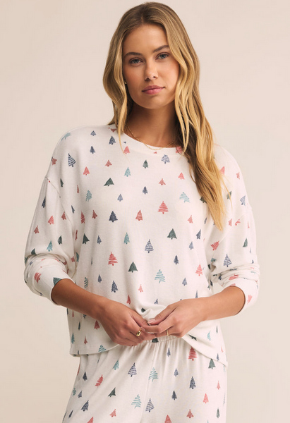 Alpine Tree Brushed Knit Top - White
