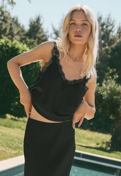 Uma Lace Satin Tank - Black