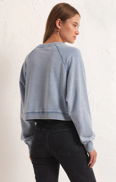 Crop Out Knit Denim Sweatshirt - Washed Indigo